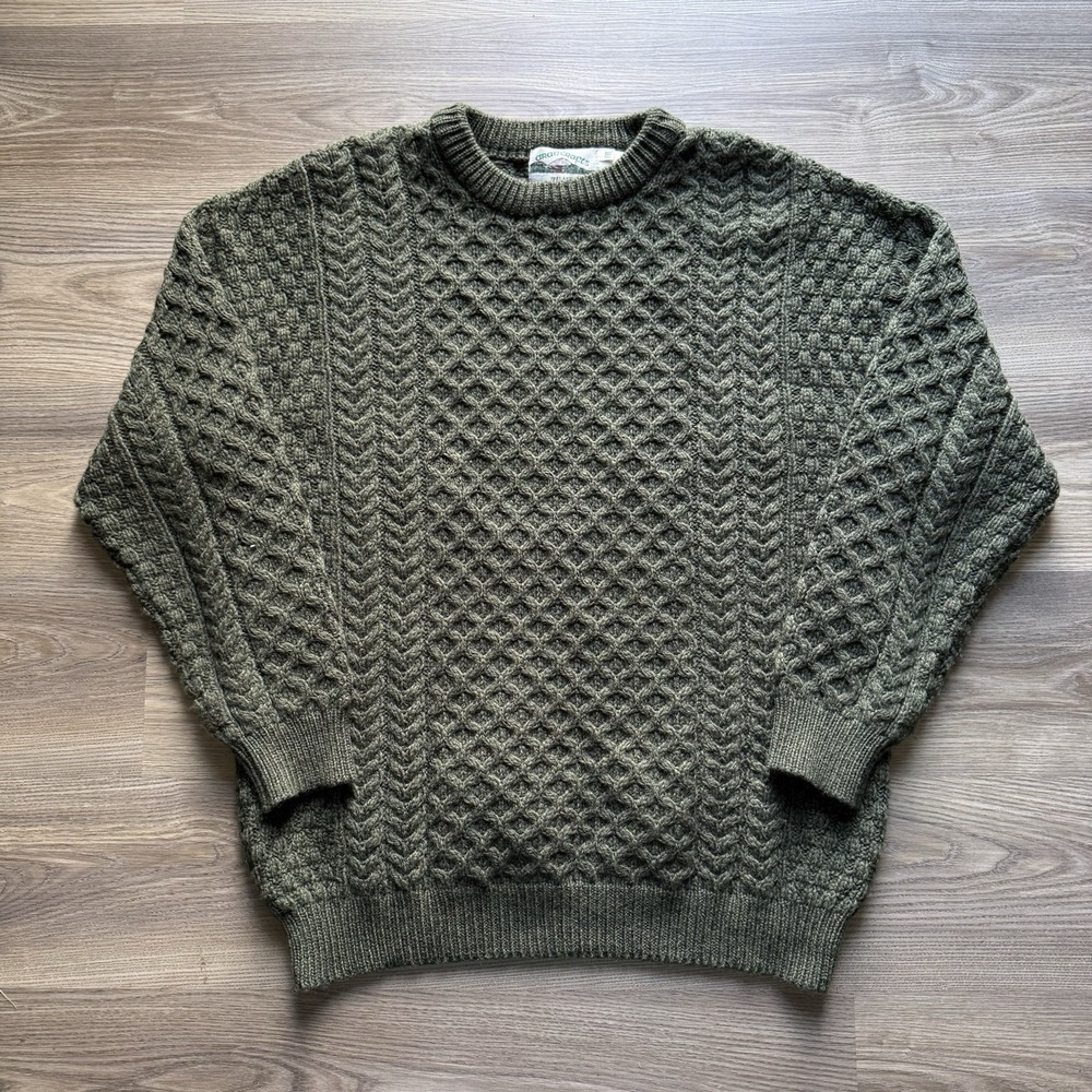 Aran Crafts Sweater Mens Green Merino Wool Cable Knit Sweater Ireland XXL